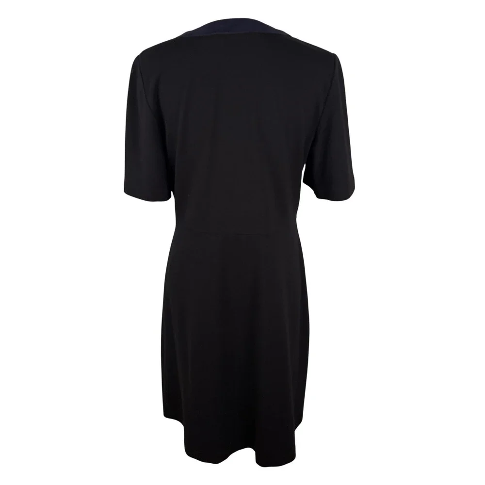 Tory Burch Navy Wool Blend V-Neck Shift Dress Suede Trim Classic Quiet Luxury L‎